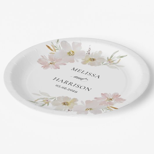 Assiettes En Carton Fleurs d'aquarelle crème et bleu (Angle)