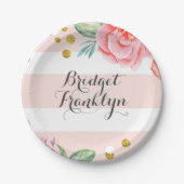 Assiettes En Carton Fleurs d'Aquarelle de Confetti Or en Grilles Roses (Devant)