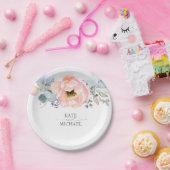 Assiettes En Carton Fleurs d'aquarelle de pêche Mariage bleu foncé (Fête)