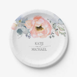 Assiettes En Carton Fleurs d'aquarelle de pêche Mariage bleu foncé