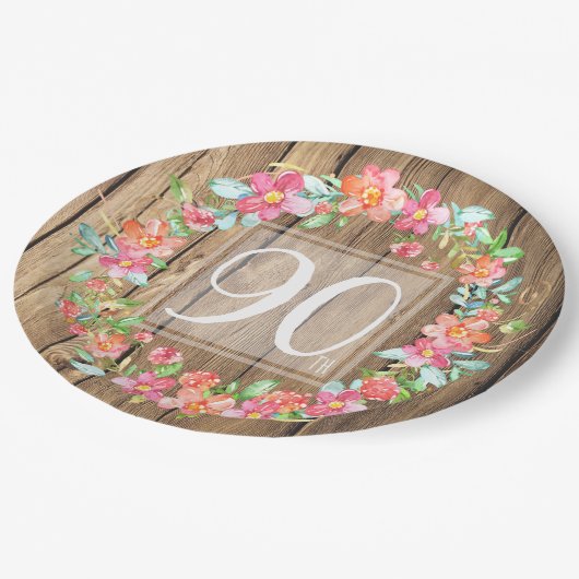 Assiettes En Carton Fleurs d'aquarelle en bois rustique à 90 ans (Angle)