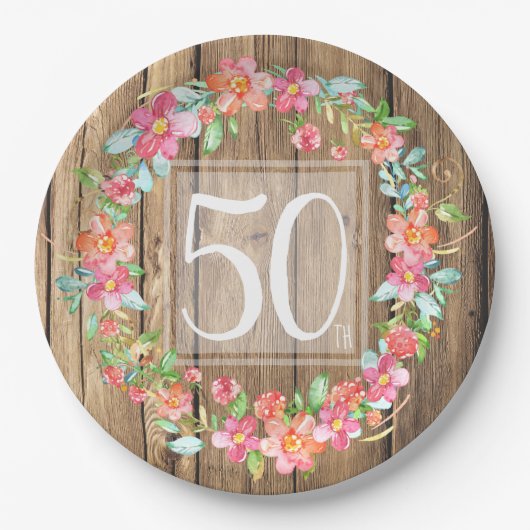 Assiettes En Carton Fleurs d'aquarelle en bois rustique de 50 ans (Devant)