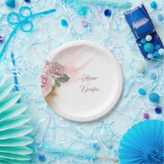 Assiettes En Carton Fleurs d'aquarelle et Parties scintillant d'or Dus (Fête)