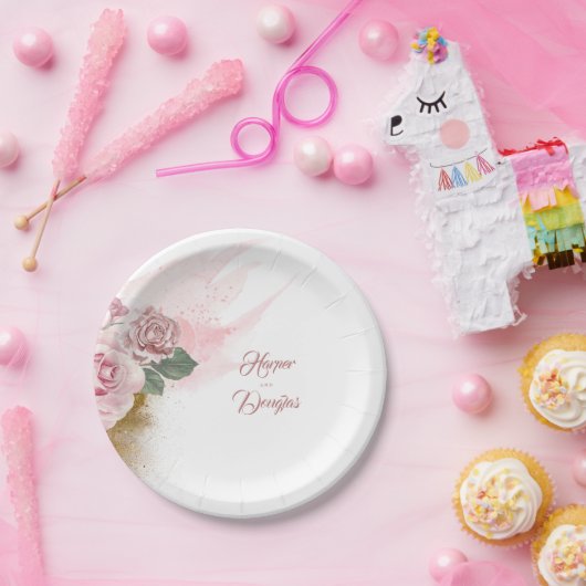 Assiettes En Carton Fleurs d'aquarelle et Parties scintillant d'or Dus (Fête)