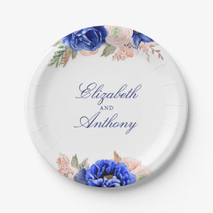 Assiettes En Carton Fleurs d'aquarelle marine et rose élégantes