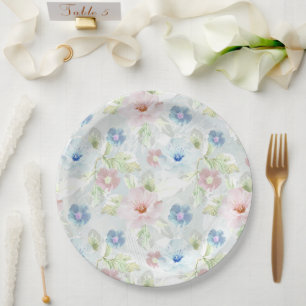 Assiettes En Carton Fleurs d'aquarelle rose et bleu.