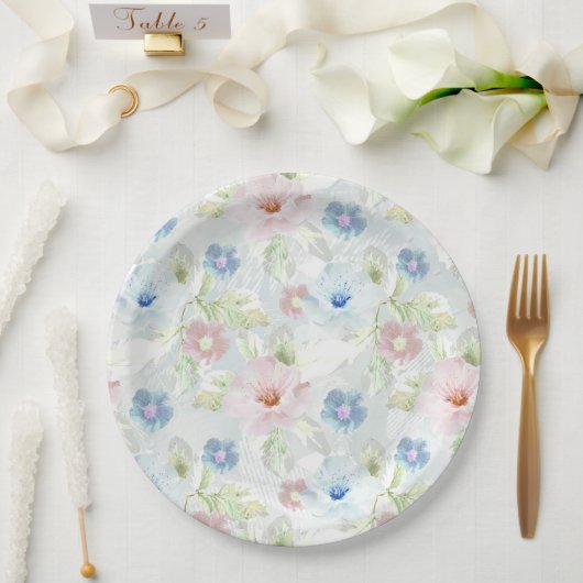 Assiettes En Carton Fleurs d'aquarelle rose et bleu. (Mariage)