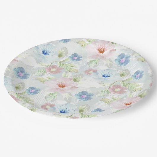 Assiettes En Carton Fleurs d'aquarelle rose et bleu. (Angle)