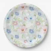 Assiettes En Carton Fleurs d'aquarelle rose et bleu. (Devant)