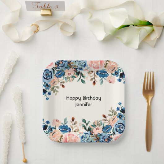 Assiettes En Carton Fleurs d'aquarelle rose et bleu (Mariage)