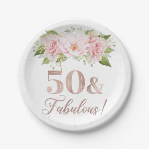 Assiettes En Carton Fleurs d'aquarelle rose pâle 50e anniversaire