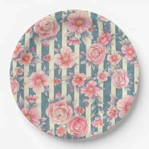 Assiettes En Carton Fleurs d'aquarelle rose sur bandes