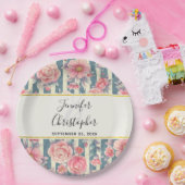 Assiettes En Carton Fleurs d'aquarelle rose sur bandes Papier Mariage  (Fête)