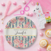 Assiettes En Carton Fleurs d'aquarelle rose sur rayures Anniversaire (Fête)