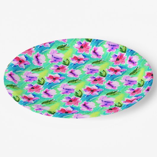 Assiettes En Carton Fleurs d'aquarelle rose, violet, vert et bleu (Angle)