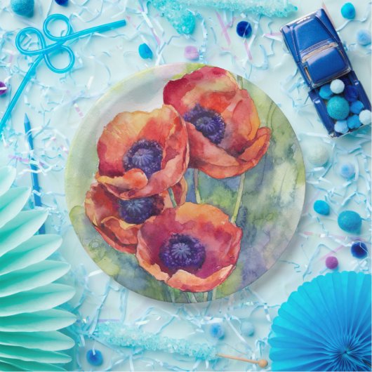 Assiettes En Carton Fleurs d'aquarelle rouge pavot illustration fleurs (Fête)