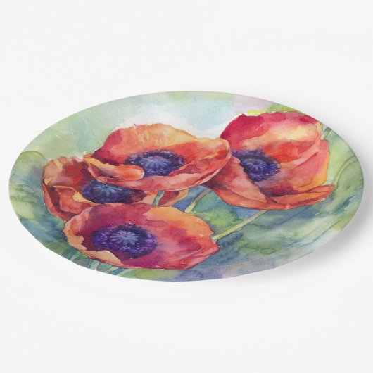 Assiettes En Carton Fleurs d'aquarelle rouge pavot illustration fleurs (Angle)