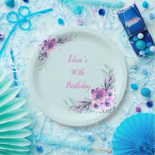 Assiettes En Carton Fleurs d'aquarelle turquoise et violette 90e (Fête)
