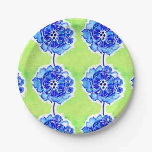 Assiettes En Carton Fleurs d'aquarelle vert et bleu