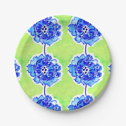 Assiettes En Carton Fleurs d'aquarelle vert et bleu (Devant)
