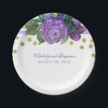 Assiettes En Carton Fleurs d'aquarelle violette et Confetti d'or moder<br><div class="desc">Parties scintillant d'or confettis,  rayures et fleurs lilas et prune pourpre plaque papier mariage</div>