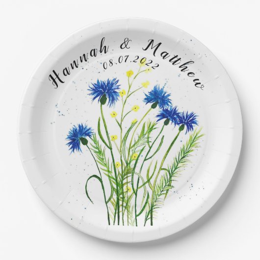 Assiettes En Carton Fleurs de bleuets aquarelle jolie Mariage  (Devant)