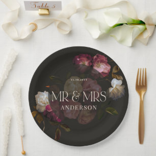 Assiettes En Carton Fleurs de Bourgogne foncées Élégant Romantique Noi