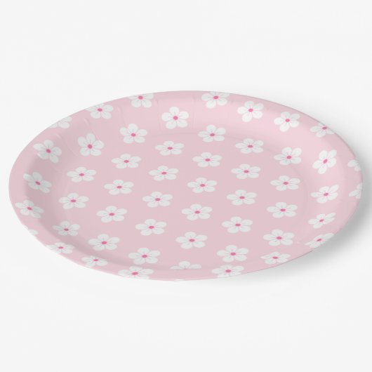 Assiettes En Carton Fleurs de cerises blanches sur rose (Angle)