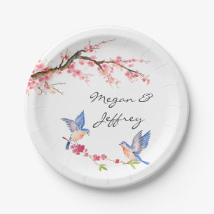 Assiettes En Carton Fleurs de cerisier d'aquarelle avec des oiseaux