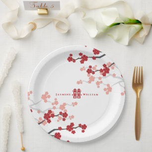 Assiettes En Carton Fleurs de cerisier rouge et Mariage chinois double