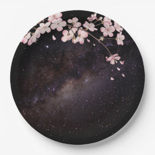 Assiettes En Carton Fleurs de cerisier sous le ciel étoilé de la nuit 