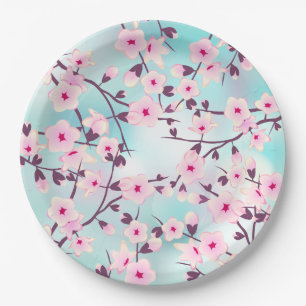 Assiettes En Carton Fleurs de cerisier turquoise rose