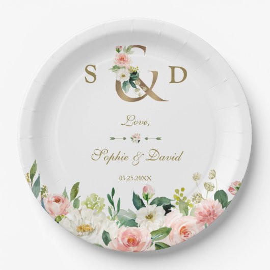 Assiettes En Carton Fleurs de crème rose pâle Mariage d'esperluette or (Devant)