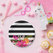 Assiettes En Carton Fleurs de Folklore rayées noir et blanc | fuchsia (Fête)