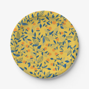 Assiettes En Carton Fleurs de gribouillis en bleu et jaune