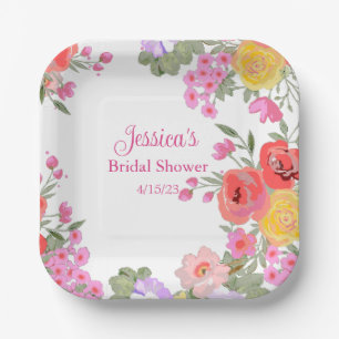 Assiettes En Carton Fleurs de Jardin Rose Floral Nom Fête de Mariage