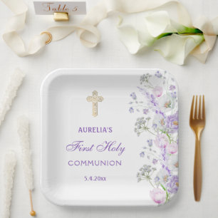 Assiettes En Carton Fleurs de lilas à l'aquarelle Première communion
