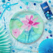 Assiettes En Carton Fleurs de Lotus Rose Pastel Aquarelle (Fête)