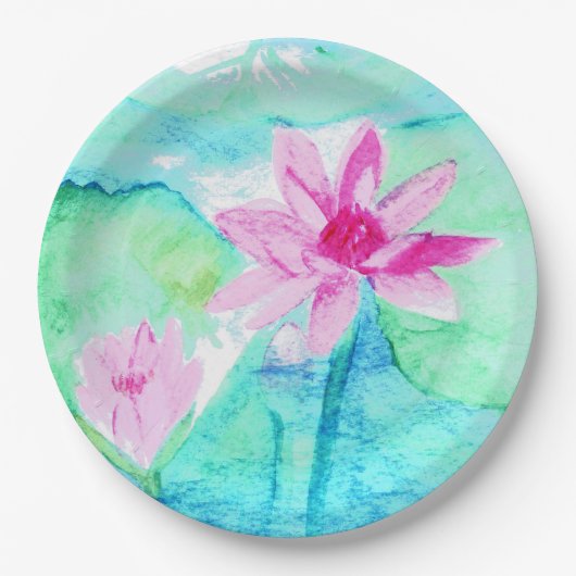 Assiettes En Carton Fleurs de Lotus Rose Pastel Aquarelle (Devant)