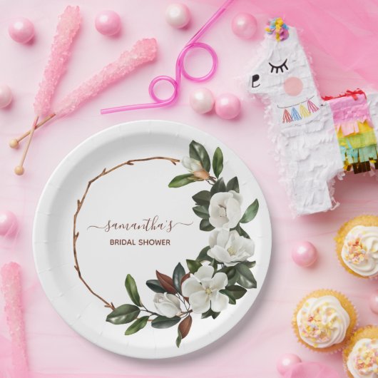 Assiettes En Carton Fleurs de magnolia blanches élégantes, Baby Shower (Fête)