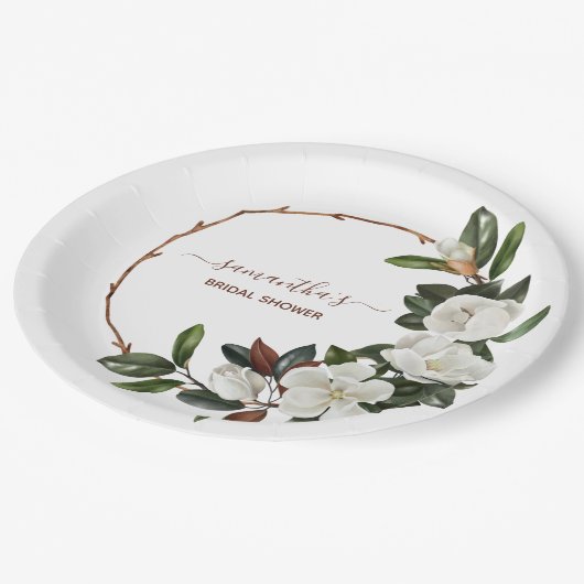 Assiettes En Carton Fleurs de magnolia blanches élégantes, Baby Shower (Angle)