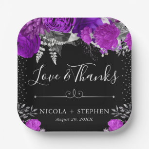 Assiettes En Carton Fleurs de mariage aquarelle violettes et argentées