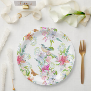 Assiettes En Carton Fleurs de mariage Lys et oiseaux Aquarelle