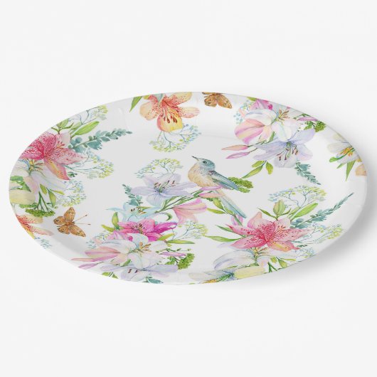 Assiettes En Carton Fleurs de mariage Lys et oiseaux Aquarelle (Angle)