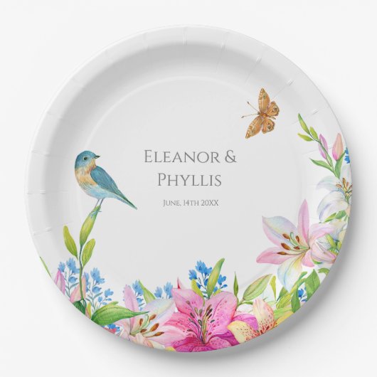 Assiettes En Carton Fleurs de mariage Lys et oiseaux Aquarelle (Devant)