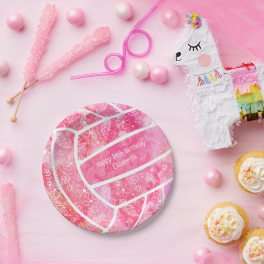 Assiettes En Carton Fleurs de maris plumes de volley rose (Fête)