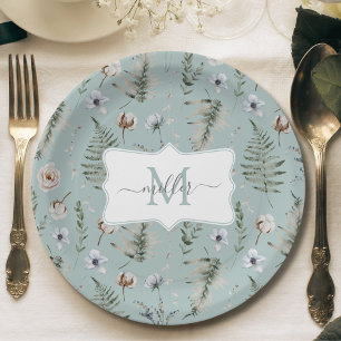Assiettes En Carton Fleurs de monogramme et feuilles de fougère floral