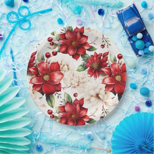 Assiettes En Carton Fleurs de Noël Poinsettia Motif vert rouge (Fête)