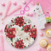 Assiettes En Carton Fleurs de Noël Poinsettia Motif vert rouge (Fête)