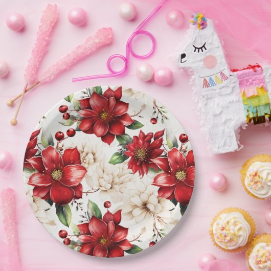 Assiettes En Carton Fleurs de Noël Poinsettia Motif vert rouge (Fête)